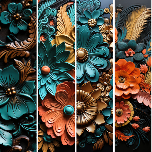 Teal/Coral Tooled Leather 4 Element