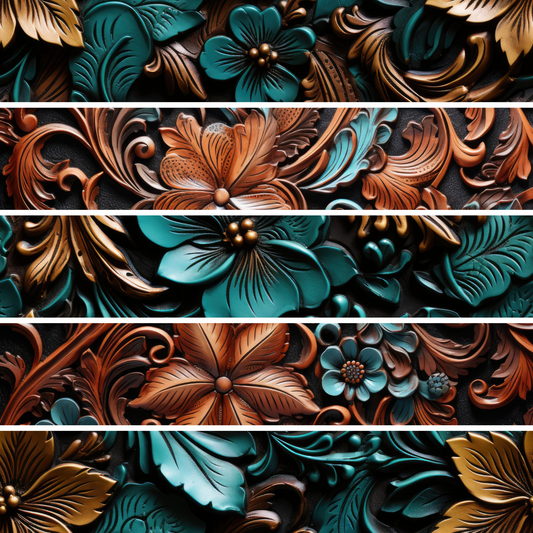 Teal/Coral Tooled Leather 5 Element